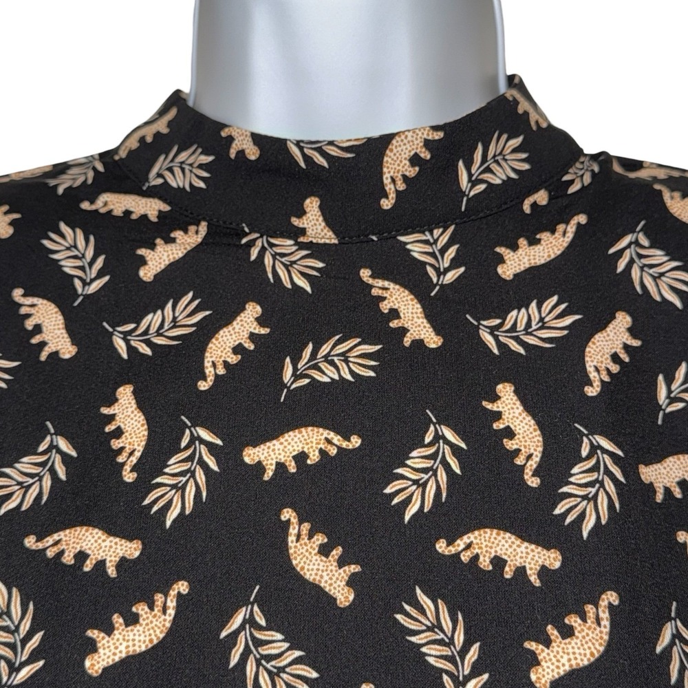 THML Leopard Leaf Print Mock Neck Puff Sleeve Black Blouse NWT $69 Small‎ - Picture 3 of 8